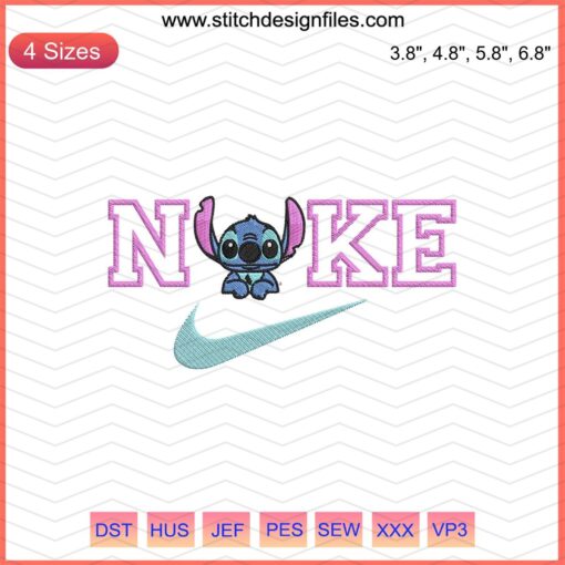 Nike x Stitch Disney Head Embroidery Designs File: Nike logo with Stitch character for machine embroidery.