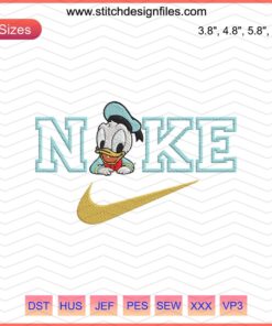Nike x Donald Duck Embroidery Design File: Disney theme, Donald Duck head, Nike logo. Perfect for machine embroidery projects.