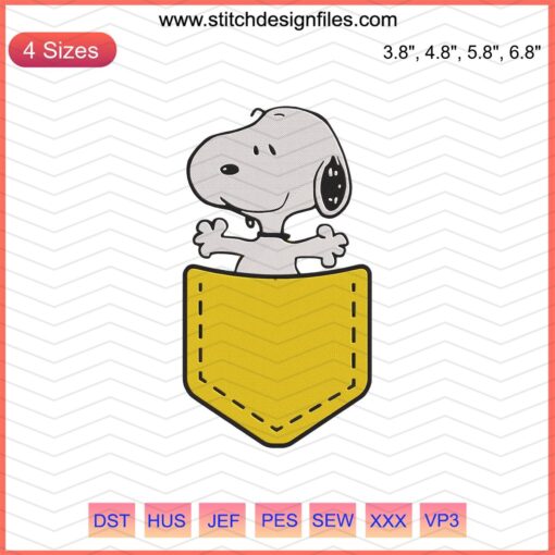 Snoopy Pocket Embroidery File: Cute Snoopy machine design, perfect for pockets, detailed and ready for embroidery projects.