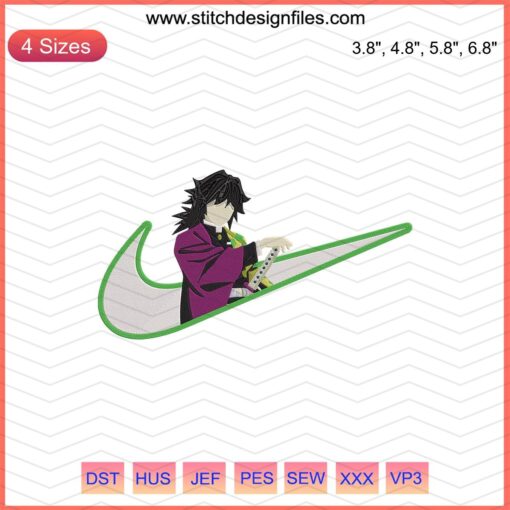 Nike x Giyu Tomioka Embroidery Designs: Detailed Nike logo with Giyu Tomioka motifs, perfect for machine embroidery projects.