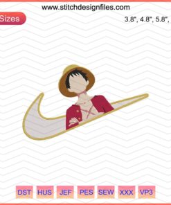 Nike x Monkey D Luffy Embroidery Designs File, vibrant Nike logo with Monkey D Luffy character for embroidery enthusiasts.