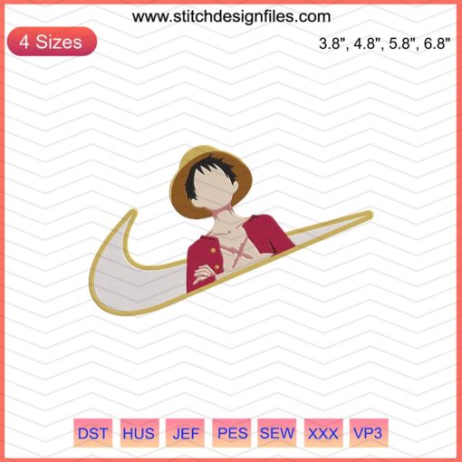 Nike x Monkey D Luffy Embroidery Designs File, vibrant Nike logo with Monkey D Luffy character for embroidery enthusiasts.