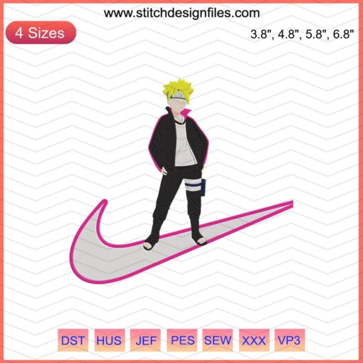 Boruto Body Nike Embroidery Design File, Machine Embroidery Design featuring Boruto-inspired Nike logo.
