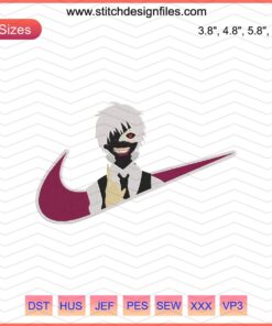 Ken Kaneki Nike embroidery design, machine embroidery file, anime-inspired Nike pattern, unique embroidery for sewing projects.