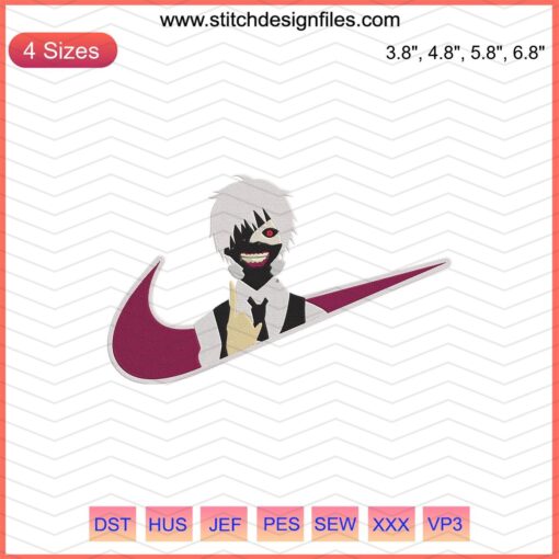 Ken Kaneki Nike embroidery design, machine embroidery file, anime-inspired Nike pattern, unique embroidery for sewing projects.