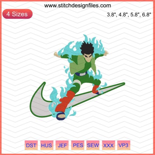 Might Guy Attack embroidery file: Dynamic design featuring Might Guy with Nike logo, perfect for machine embroidery projects.