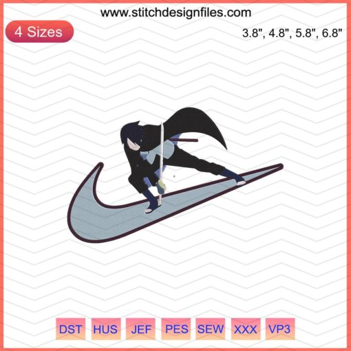 Sasuke Attack Nike Embroidery Design File, featuring intricate Sasuke Uchiha and Nike logo for machine embroidery enthusiasts.