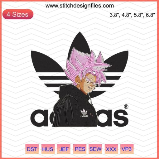 Black Goku Adidas embroidery design, featuring anime character in striking pose, ideal for machine embroidery enthusiasts.