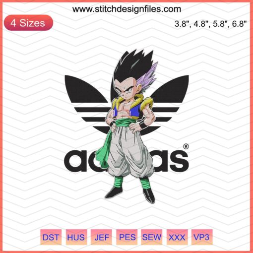 Gotenks Cool Adidas Embroidery Design File, featuring fusion character Gotenks in vibrant colors for Adidas machine embroidery use.