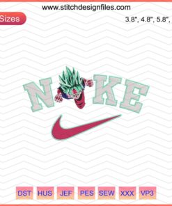 Nike x Goku Super Saiyan Blue Embroidery Designs File, featuring Goku in Super Saiyan Blue form for Nike machine embroidery patterns.