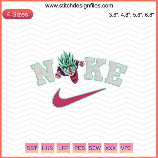 Nike x Goku Super Saiyan Blue Embroidery Designs File, featuring Goku in Super Saiyan Blue form for Nike machine embroidery patterns.