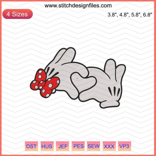 Mickey and Minnie hand love embroidery design file, Disney machine embroidery pattern, digital download for crafting enthusiasts.