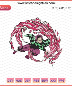 Tanjiro Kamado attack pose embroidery design, Demon Slayer: Kimetsu no Yaiba machine embroidery file, anime stitching pattern.