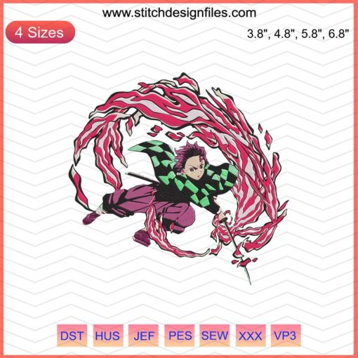 Tanjiro Kamado attack pose embroidery design, Demon Slayer: Kimetsu no Yaiba machine embroidery file, anime stitching pattern.