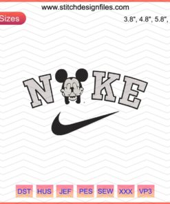 Nike x Mickey Mouse Head Embroidery Designs File, Nike Machine Embroidery Patterns featuring iconic Disney character.