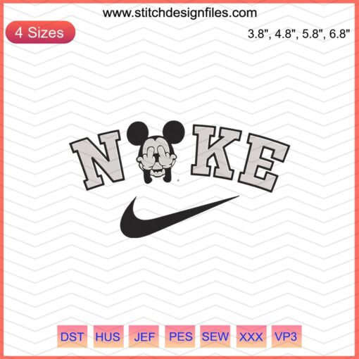 Nike x Mickey Mouse Head Embroidery Designs File, Nike Machine Embroidery Patterns featuring iconic Disney character.