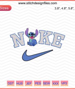 Stitch x Nike Embroidery Designs File, Disney Nike Machine Embroidery Patterns with iconic Stitch character and Nike logo.
