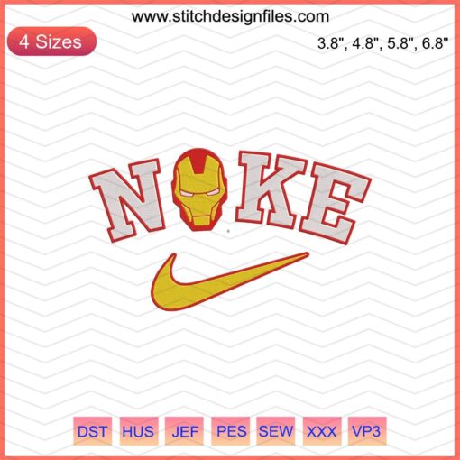 Iron Man x Nike Embroidery File: Marvel-inspired Nike machine embroidery design, featuring Iron Man helmet.