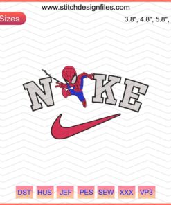 Chibi Spider Man with Nike logo embroidery design, Nike machine embroidery file, superhero-themed sewing pattern.