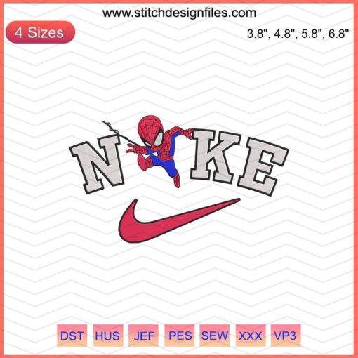 Chibi Spider Man with Nike logo embroidery design, Nike machine embroidery file, superhero-themed sewing pattern.