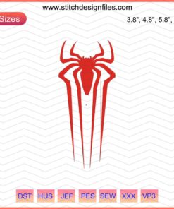 Spider Man machine embroidery design featuring a detailed spider logo with vibrant red and black threads.