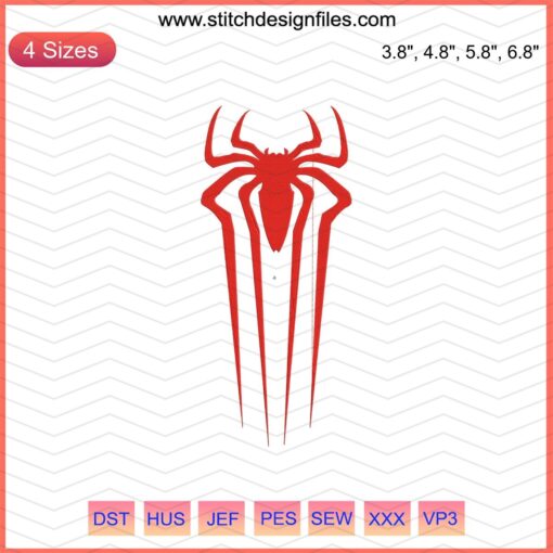 Spider Man machine embroidery design featuring a detailed spider logo with vibrant red and black threads.