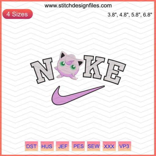 Jigglypuff x Nike embroidery design file featuring iconic character with Nike logo for machine embroidery projects.