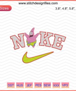 Patrick Star Nike embroidery design file, vibrant Spongebob-themed Nike logo, machine embroidery patterns.
