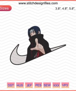 Itachi Akatsuki x Nike embroidery design; sleek ninja character in cloak, Nike swoosh, machine embroidery file download.