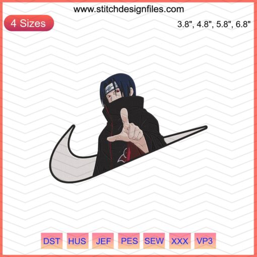Itachi Akatsuki x Nike embroidery design; sleek ninja character in cloak, Nike swoosh, machine embroidery file download.