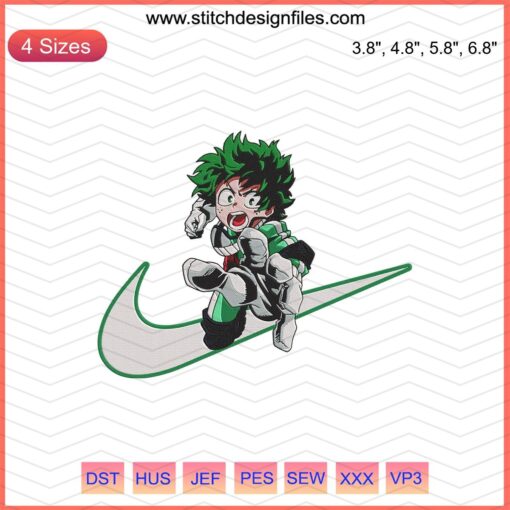 Midoriya Izuku Nike Embroidery Design File, Nike My Hero Academia Machine Embroidery Pattern, Anime Fashion Collab.
