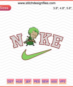 Roronoa Zoro x Nike embroidery design featuring a unique One Piece character silhouette, perfect for machine embroidery projects.