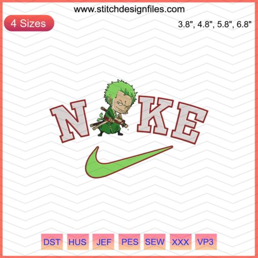 Roronoa Zoro x Nike embroidery design featuring a unique One Piece character silhouette, perfect for machine embroidery projects.