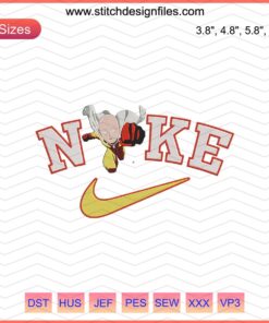 Saitama x Nike embroidery designs file, featuring One Punch Man motifs for machine embroidery. Nike logo included.