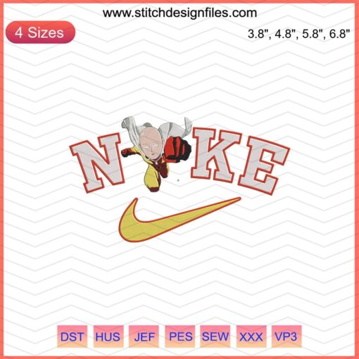 Saitama x Nike embroidery designs file, featuring One Punch Man motifs for machine embroidery. Nike logo included.