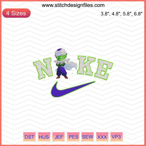 Piccolo x Nike Dragon Ball embroidery file, featuring Nike swoosh and Piccolo design for machine embroidery fans.