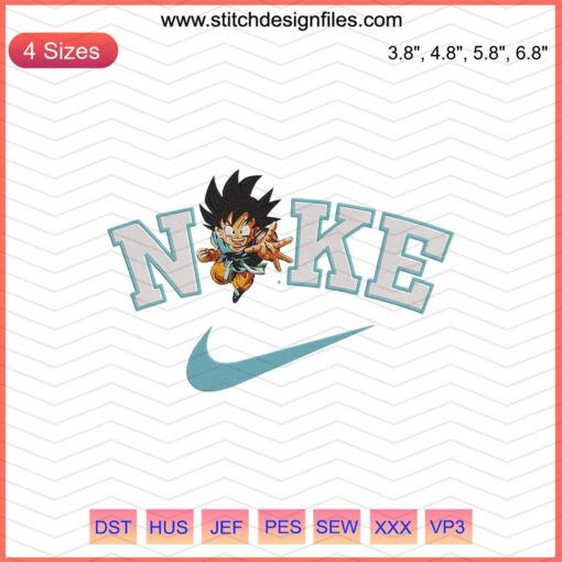 Goku Fly x Nike embroidery design features Dragon Ball's Goku alongside the iconic Nike swoosh for machine embroidery.