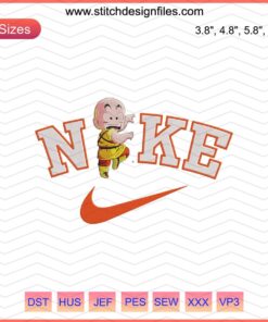Krillin Nike Dragon Ball embroidery design file, Nike sneaker-inspired stitches with Krillin character for machine embroidery.