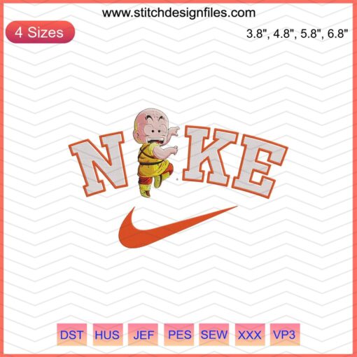 Krillin Nike Dragon Ball embroidery design file, Nike sneaker-inspired stitches with Krillin character for machine embroidery.