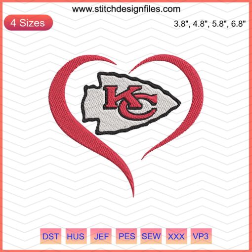 KC Chiefs Heart Logo Embroidery File, Kansas City Chiefs Machine Embroidery Designs, KC Football Embroidery