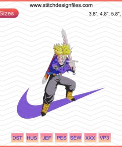 Trunks Super Saiyan Nike Dragon Ball embroidery design, vibrant embroidery file for Nike enthusiasts, DBZ fans, unique embroidery craft.