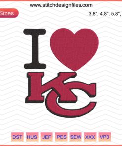Kansas City Chiefs Machine Embroidery Design: "I Love KC" heart motif, digital embroidery file for fans and crafters.