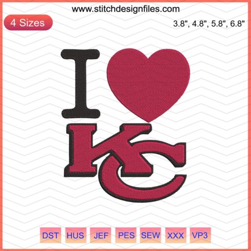 Kansas City Chiefs Machine Embroidery Design: "I Love KC" heart motif, digital embroidery file for fans and crafters.