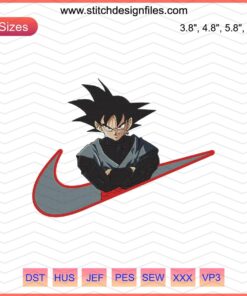 Black Goku embroidery design, Nike-inspired Dragon Ball machine file; unique pattern for digital download.