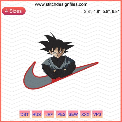 Black Goku embroidery design, Nike-inspired Dragon Ball machine file; unique pattern for digital download.