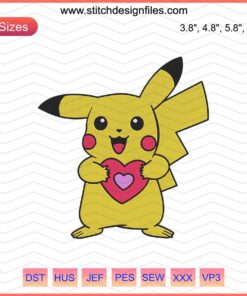 Pikachu Valentine Heart Embroidery Design, Pokemon Machine Embroidery File, Cute Pikachu with Heart Ornament for Valentine's Day.