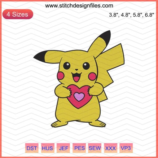 Pikachu Valentine Heart Embroidery Design, Pokemon Machine Embroidery File, Cute Pikachu with Heart Ornament for Valentine's Day.