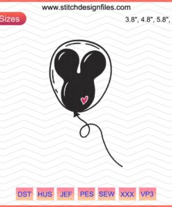 Mickey Balloon Heart Embroidery Design, Disney Machine Stitch File, Cute Mickey Mouse Pattern, DIY Sewing Craft Download.