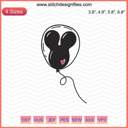 Mickey Balloon Heart Embroidery Design, Disney Machine Stitch File, Cute Mickey Mouse Pattern, DIY Sewing Craft Download.
