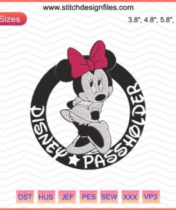 "Minnie Passholder Logo: Disney Mickey Machine Embroidery Designs File - Cute Minnie embroidery pattern for crafting enthusiasts."